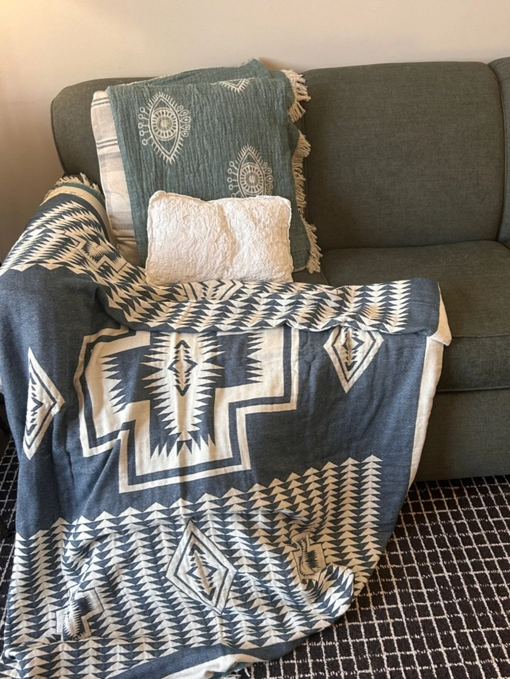 Woven Outdoor Indoor Blanket SxSW TH 2 Side Native Pattern Blue + Natural